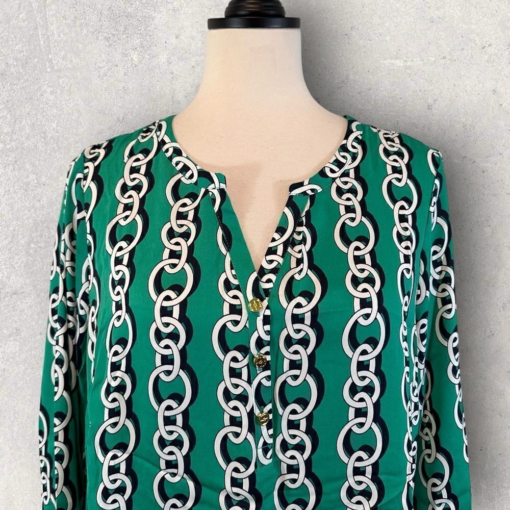 Iman Green Tunic Top Asymmetrical Hem Chainlink Print Size M NWT